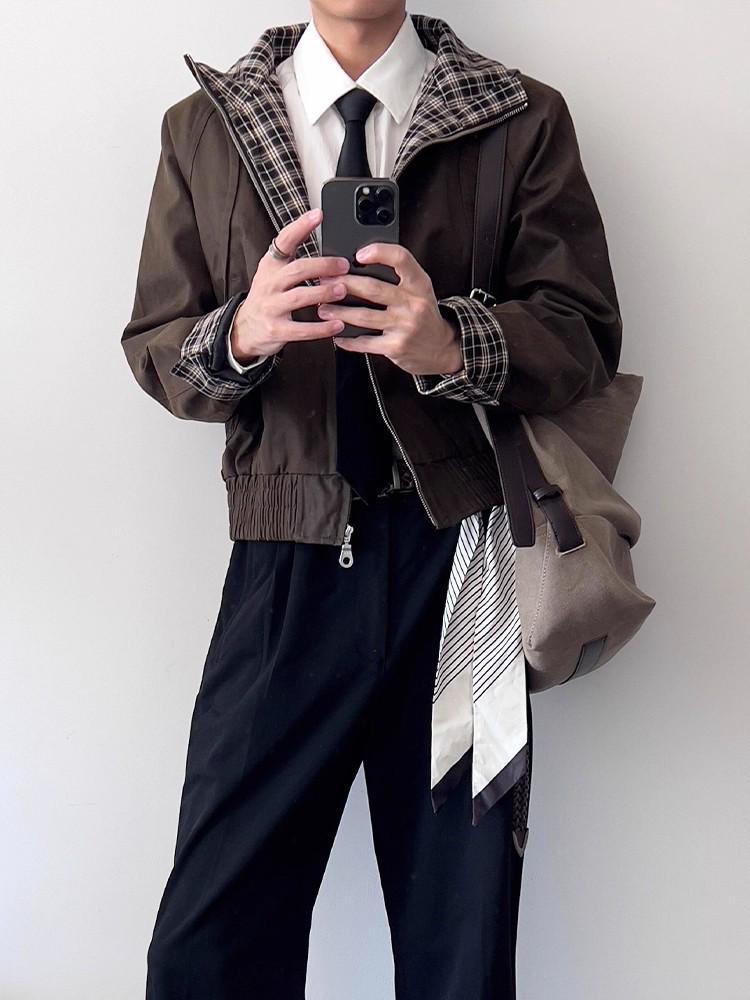 

Men s Retro Brown Plaid Harrington Jacket - Cleanfit Lapel Patchwork for Autumn XXL коричневий