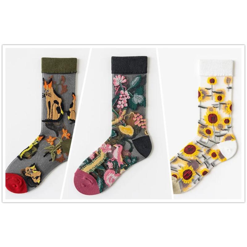 3 Pares Nuevos Set de Calcetines Transparentes Lindos de Gato para Mujer Coreanos Florales Animales Verano Delgados Kawaii Set de Calcetines de Seda para Mujer