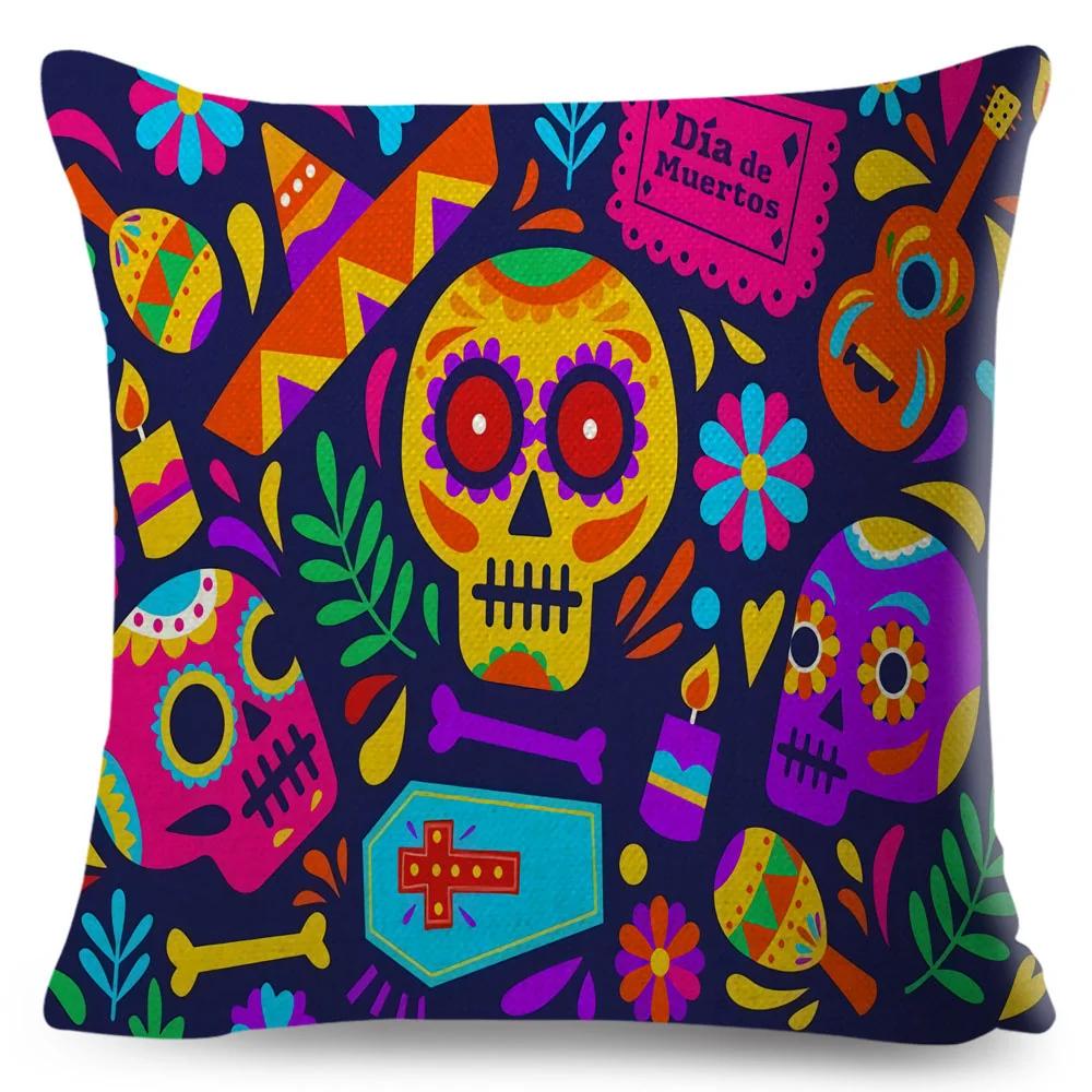 Day Of The Dead Pillowcase Decor Cartoon Mexico Flower Skull Print Cushion Cover for Sofa Home Polyester Pillow Case 45x45cm