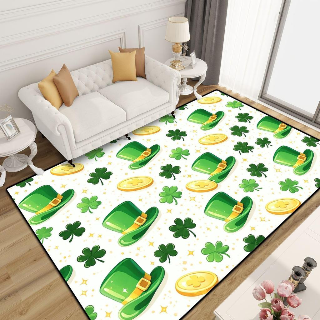 St Patricks Day Rug Green Clover Hat Decor Gold Coins Shamrock Carpet Holiday Floor Mat Soft Non-Slip Home Decor for Living Room