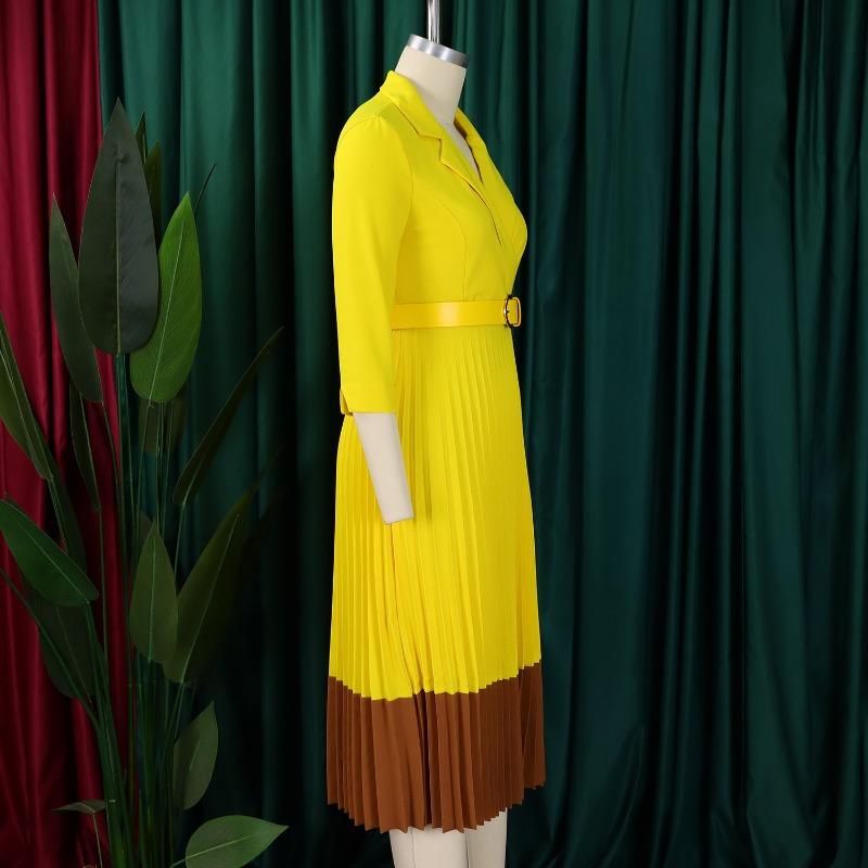 Women Elegant Color Block Turn Down Collar High Waist Pleated Office A Line Dress