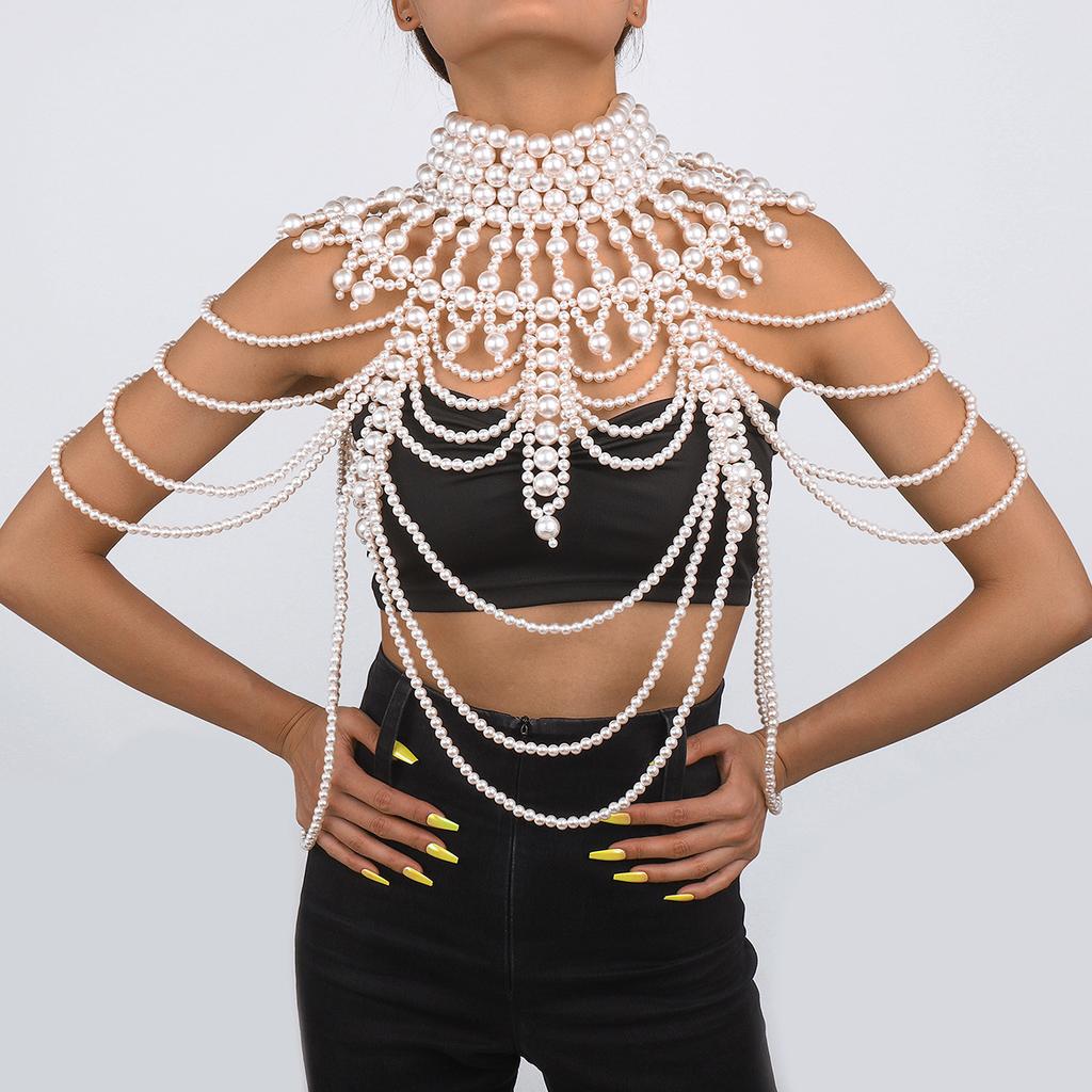 Fashion Tribal Style Hollow Woven Pearl Shawl Body Chain Retro Layered Exaggerated Sexy Body Chain All Match Women Jewelry