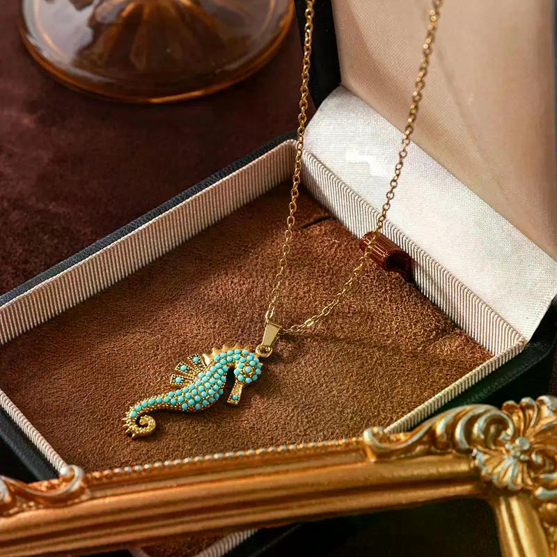 1PCS Stainless Steel Seahorse Pendant Necklace Turquoise Boho Ocean Jewelry For Women