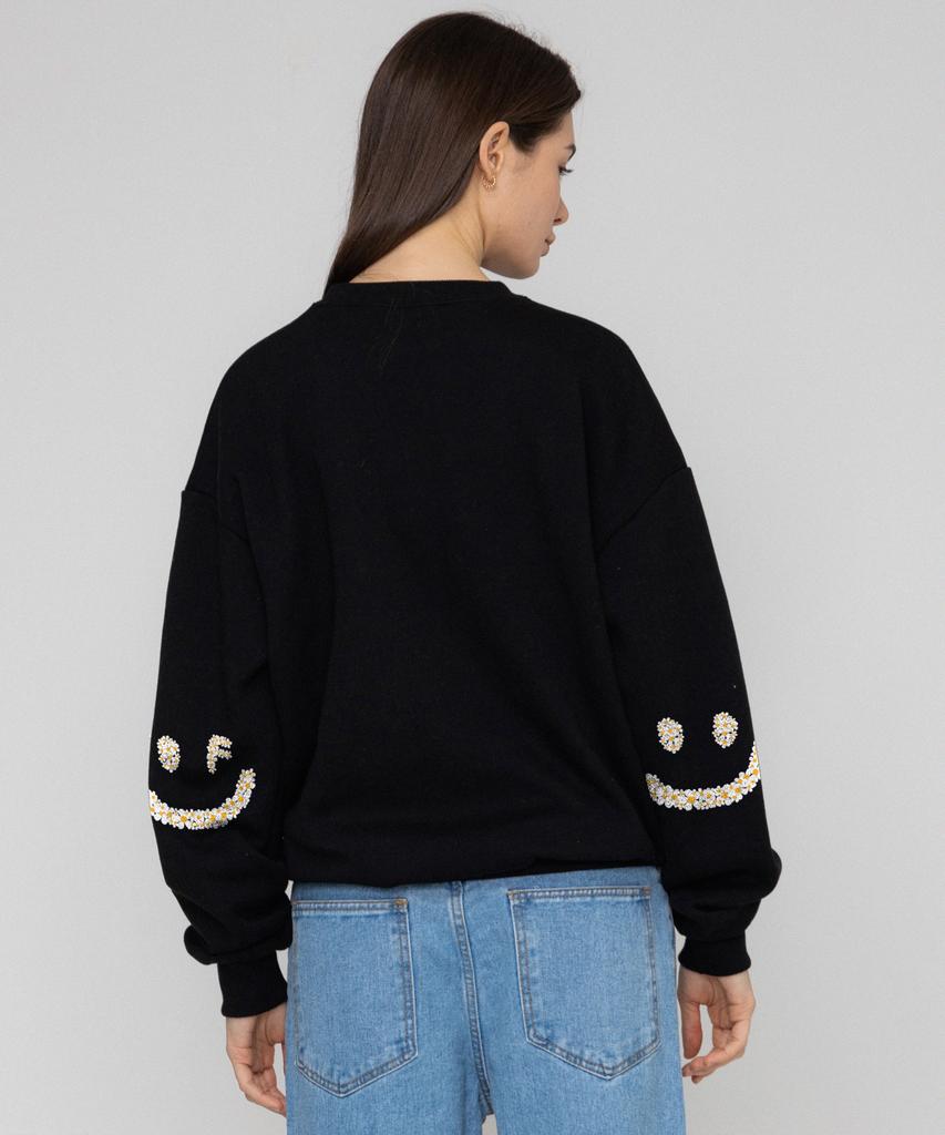 GRAVER [Unisex] Elbow Multiflower Drawing Smile Sweatshirt_Black