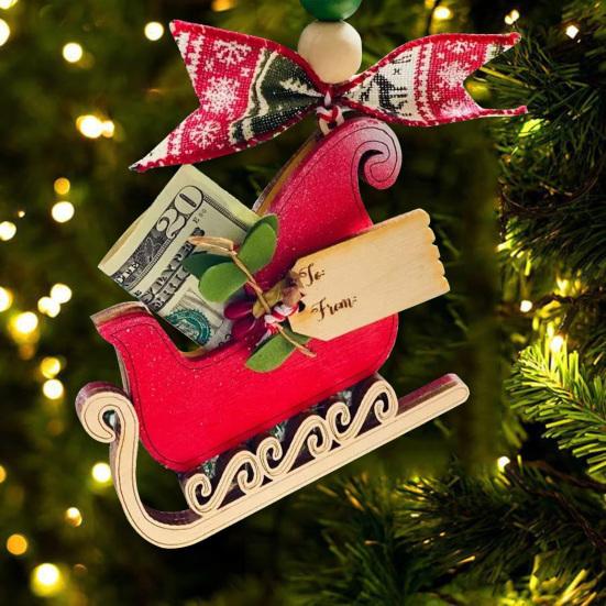 Handmade Wooden Money Holder Christmas Tree Reindeer Money Clip Wallet Ornament with Blessing Placing Money Dispenser for Christmas Tree Home