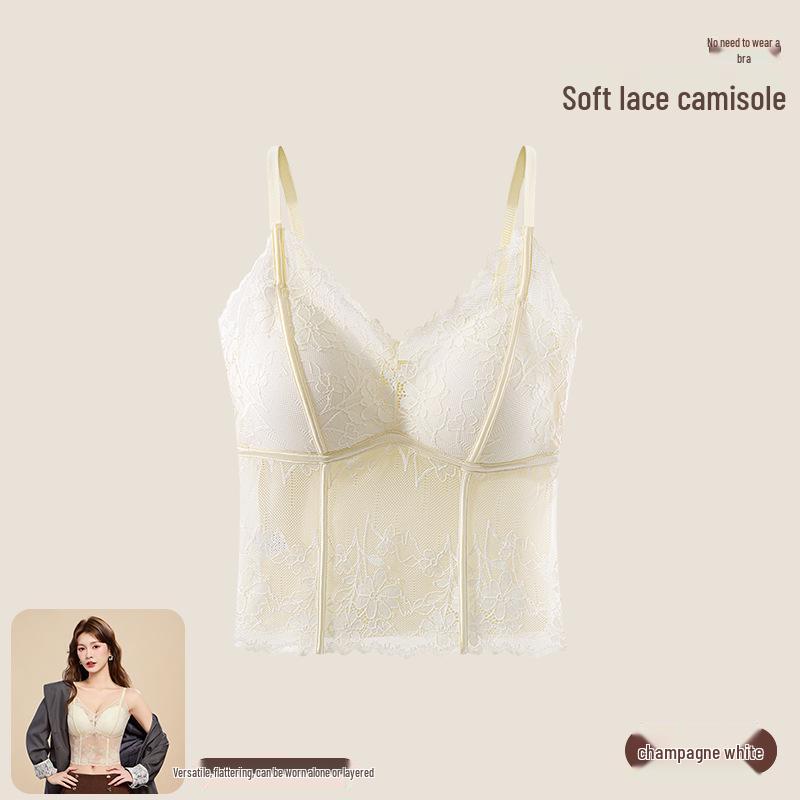 

Женский кружевной топ-камисоль со встроенным бюстгальтером, сексуальная открытая спина, вставки на грудь и бретели L (85-110 kg) шампанского/белый