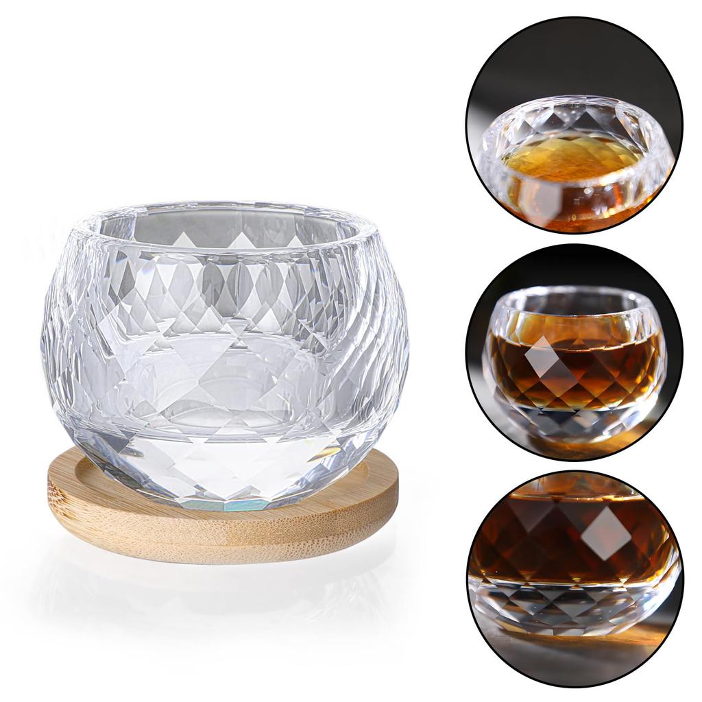 K9 Crystal Glass Sake Glass, Small 60ml, with Bamboo Coaster, Gift Set. Features a transparent diamond-cut design with hand-cut diamond patterns. A ma