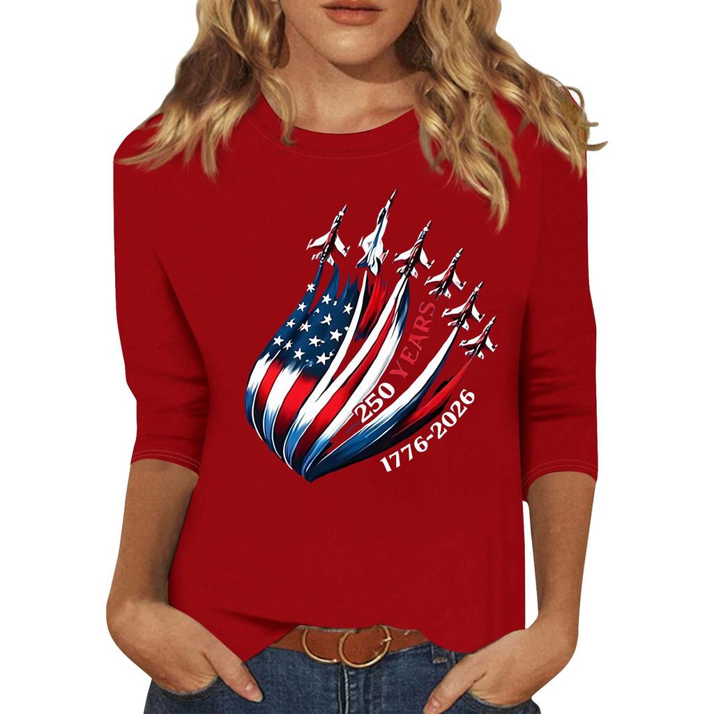 Women's Fashionable Casual Three-Quarter Sleeve 250th Anniversary Independence Day Print Neck Sweater