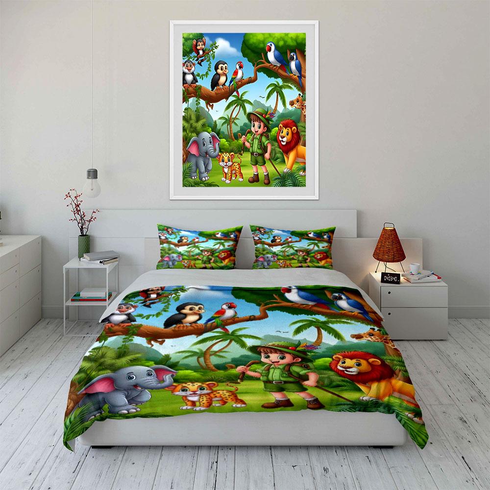 Jungle Animals And Adventurer. Print Bedding Set 1 Duvet Cover 2 Pillowcases For Adult And Children Luxury Gift Full Size