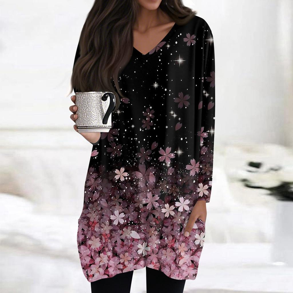 Damen Oberteile V-Ausschnitt Langarm Blusen Lässige Mittellange Hemden Mode Druck Tunika Oberteile Mit Taschen