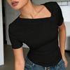Women Shirt Short Sleeve Sloping Collar Commuting Style Casual Tops Slim Fit Pure Color Summer Tee Shirt