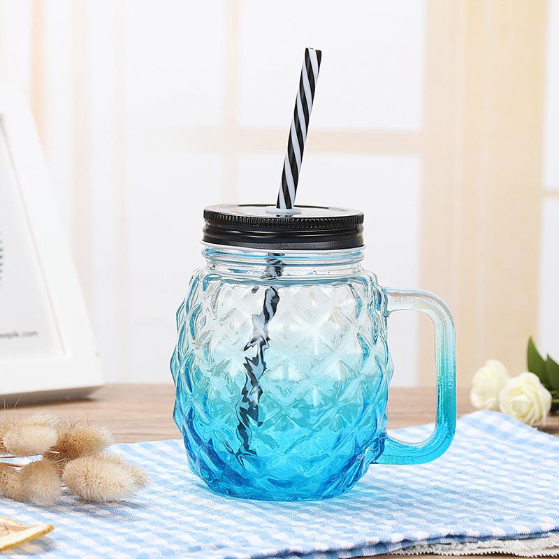 Creative Mason Cup Gradient Glass Drink Pineapple Water Cup with Lid Straw Cup Handle Cup