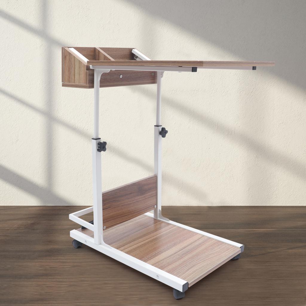 C-Shaped End Table with Wheels, Adjustable Height Sofa Side Table, Rolling Snack Table with Storage Shelf, Mobile Couch Table