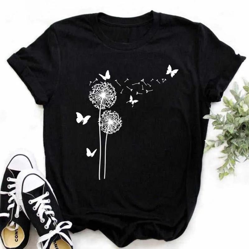 New Summer  Dandelion Butterfly Print Women Tshirt Casual White and Black T-shirt Funny T Shirt Gift for Lady Young Girl Tops
