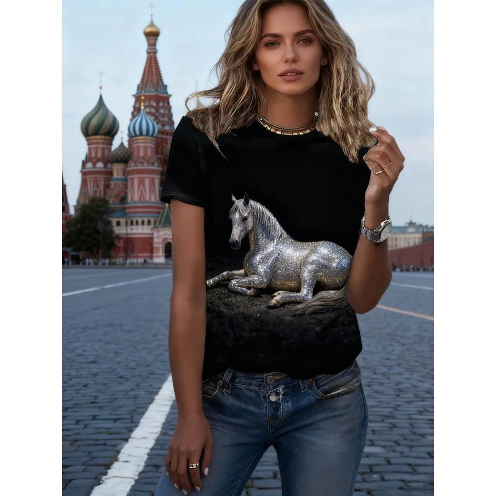 Women's T-shirt 3D Pattern Printed Casual Short Sleeved O-Neck Top Fashionable Street Women's Clothing