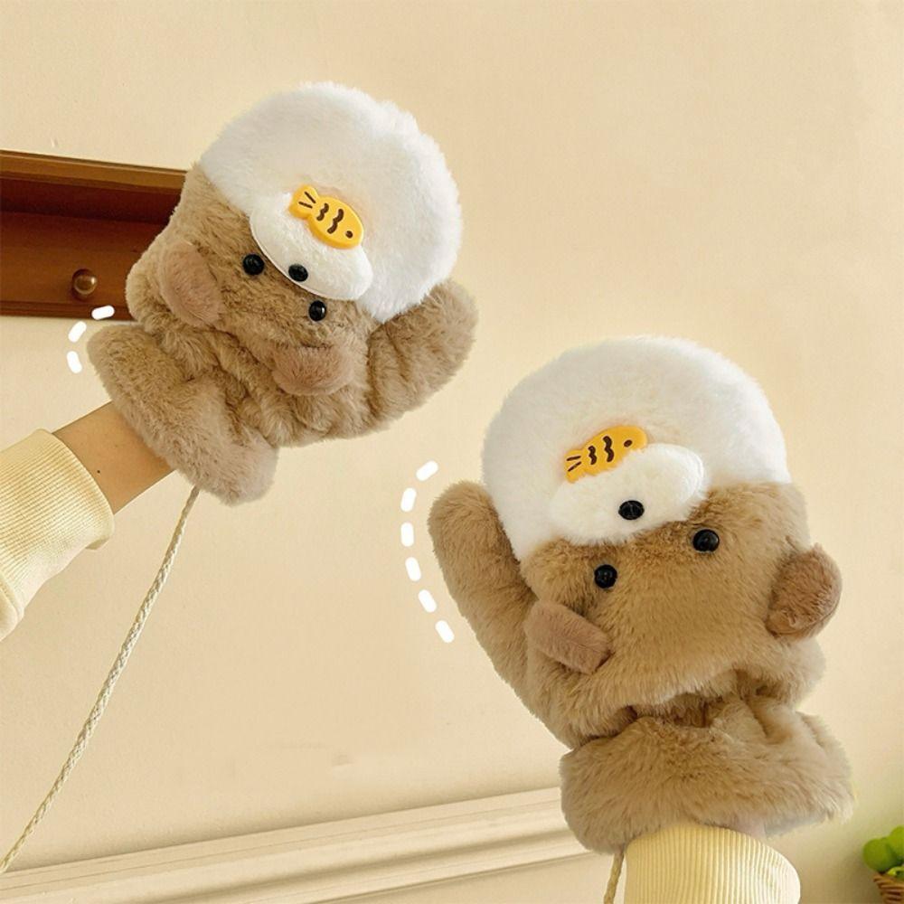 Hanging Rope Winter Plush Earflap Eat Fish Plush Scarf Glove Set Bear Earmuff Scarf  Cycling