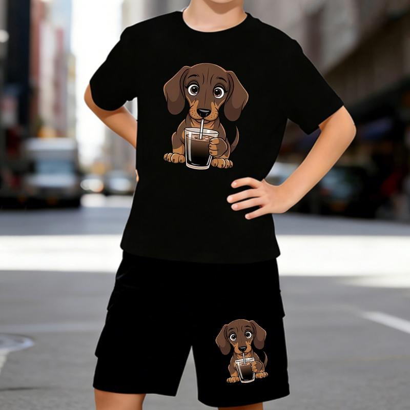 

Boys 2 Piece Cute Cartoon Dachshund Printed Outfit, Short Sleeve T-Shirt and Shorts Set for Kids Age 5-14,white Sporty Casual Summer Clothes 5-6 Years чёрный