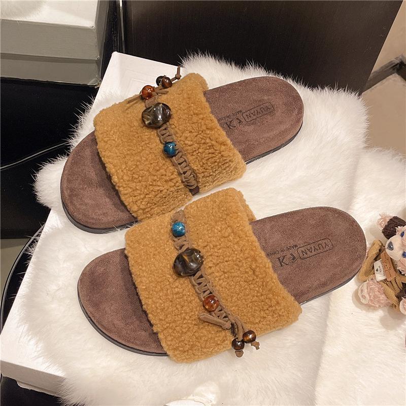 

Niche design thick-bottomed cotton slippers women s outer wear 2025 autumn and winter new retro French woven plush mop 40 хаки