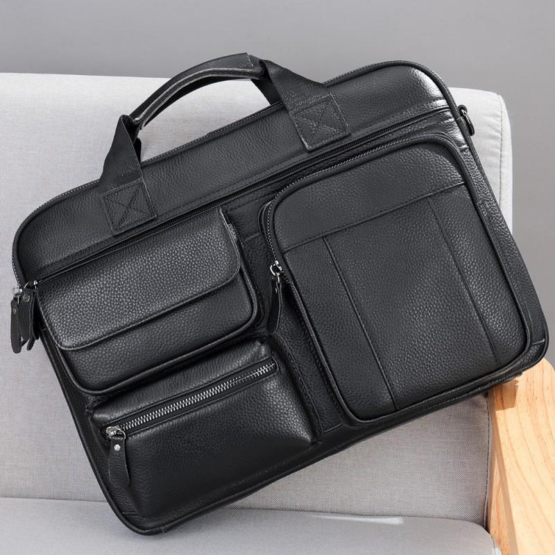 Real Cowhide Business Travel Commuting Leather Handbag Top Layer Diagonal Cross Briefcase Men s Laptop Bag чёрный