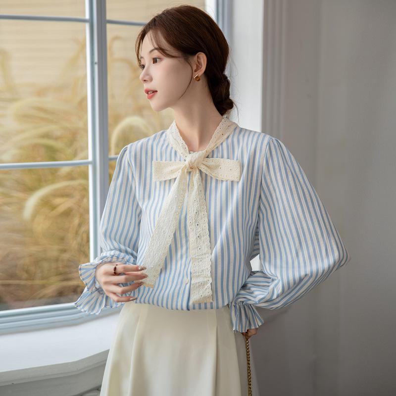 Women s 2026 Spring Korean Stripe Lace Tie-Up Layering Shirt Medium синий