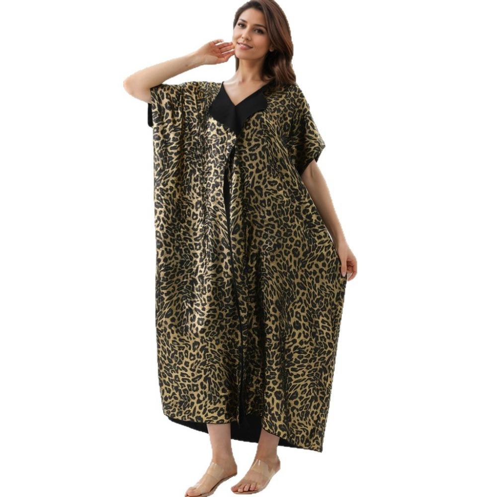 

Блуза пляжная с леопардовым принтом и золотистой отделкой, длинный халат с лацканами, элегантное платье высокого класса One Size золотой