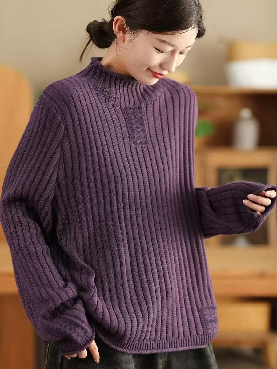 Johnature Женский Зимний Нишевый Винтажный Свитер с Принтом Под Горло Длинные Рукава в Китайском Стиле Однотонный Свитер One Size фиолетовый 3159₽