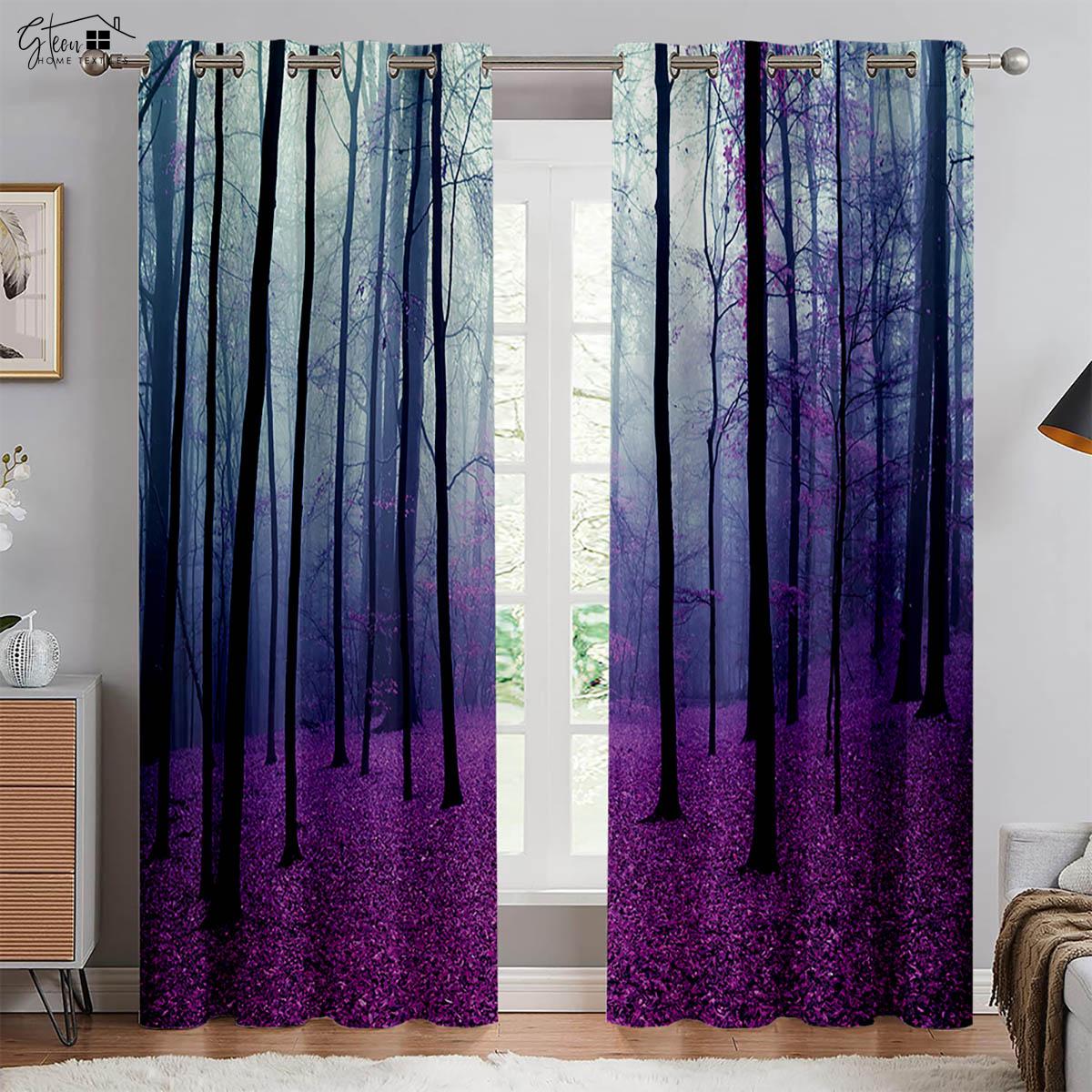 

Лесные 3D-занавески с изображением леса, пейзажа, зеленого солнца, осени, кленовых листьев, природы, жизненной силы, кармана для переноски, легко стирать, занавески W50xH130(CM)x2PCS&Rod pocket