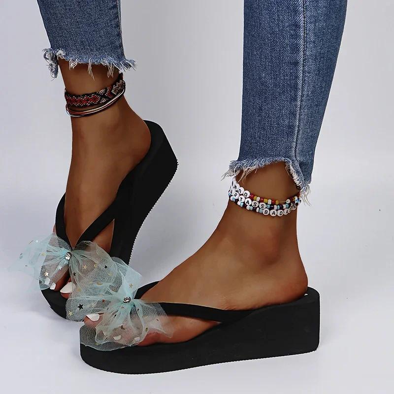 Fashion Summer Colorful Mesh Bowknot Flip Flops for Women Star Sequins Wedges Clip Toe Sandals Woman Lightweight Platform Beach Slippers