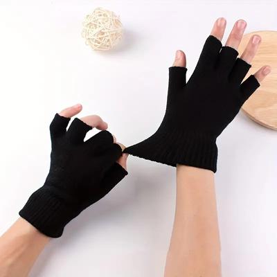 1Pair Black Short Half Finger Gloves Unisex Knitted Elastic Warm Wrist Glove Solid Color Winter Soft Guantes Cycling Accessories