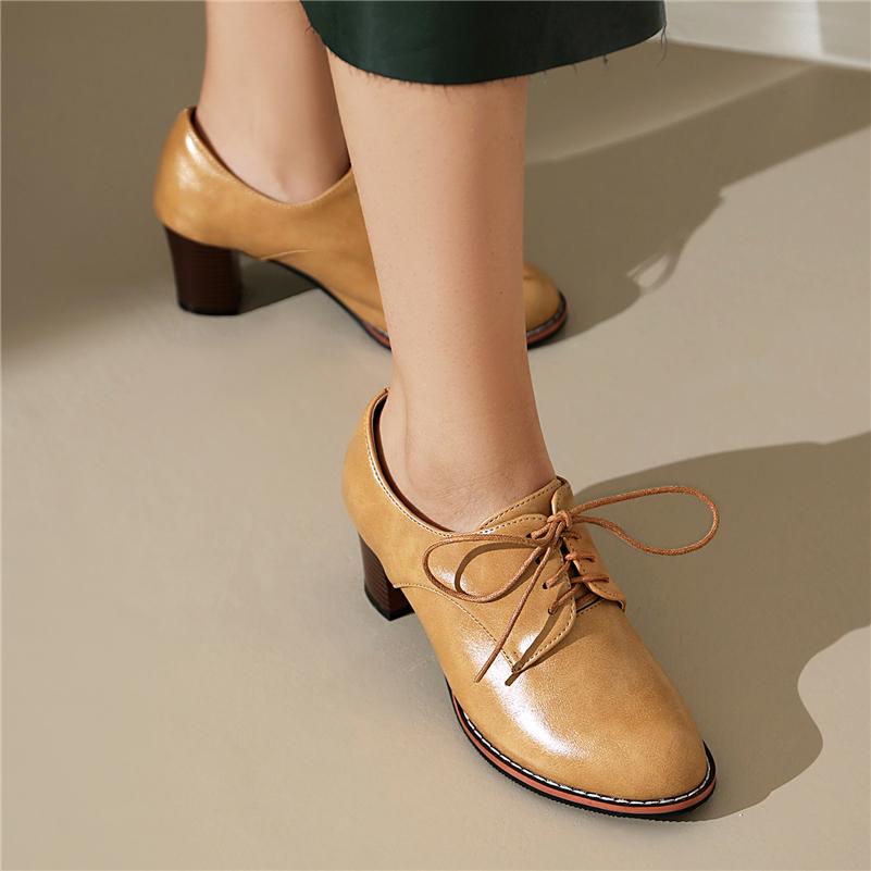 FOREADA Women PU Leather Pumps Round Toe Thick High Heels Lace-up Concise Design Ladies Fashion Shoes Spring Autumn Green Black 44