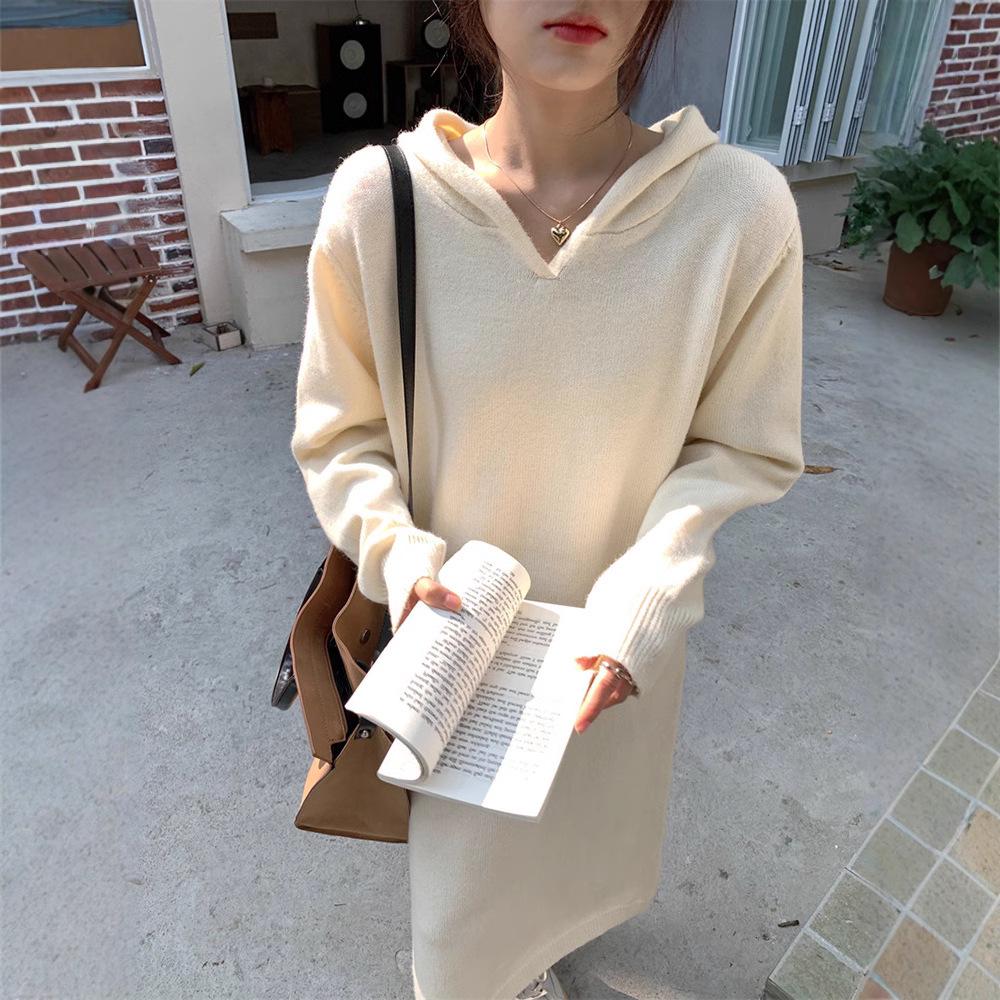 Women's Loose Hooded Knit Dress - Long-Sleeved, Autumn/Winter Style, Ideal as Inner Layer with Coat