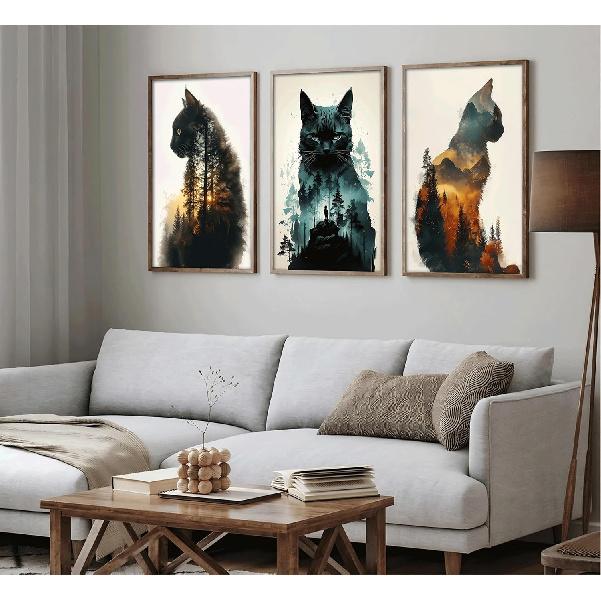 Funny Animals Canvas Wall Art Cute Black Cat and Forest Theme Pictures Wall Decor Abstract Sunset Mounta Nature Landscape Poster Painting Prints