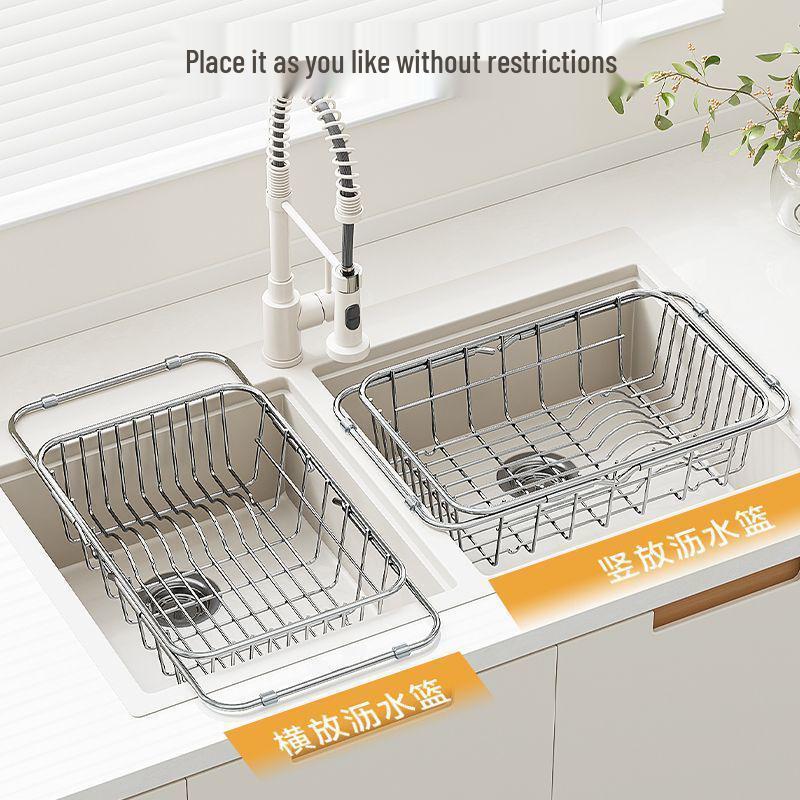 Retractable Stainless Steel Sink Basket and Dish Drying Rack for Kitchen Use