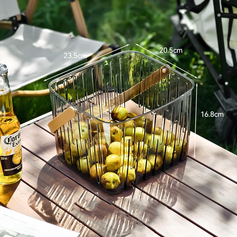 

Lightweight Transparent Carry Basket Stylish Plastic Storage Bin With Wooden Handle For Kitchen Bathroom And Outdoor Activities