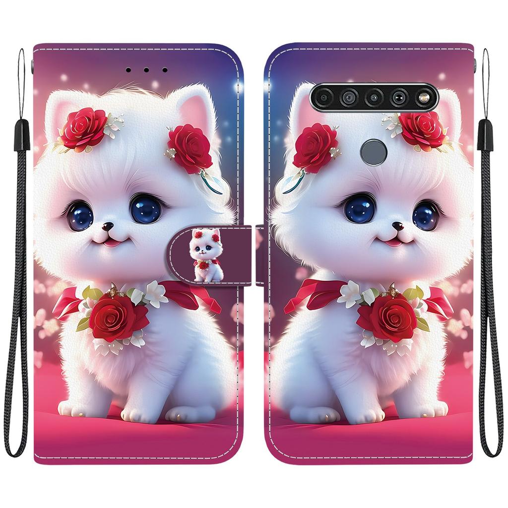 Handmade PU Leather Flip Case for LG K61 Anti-Slip Shockproof Cover with Wrist Strap & Heart/Rose Cat Designs