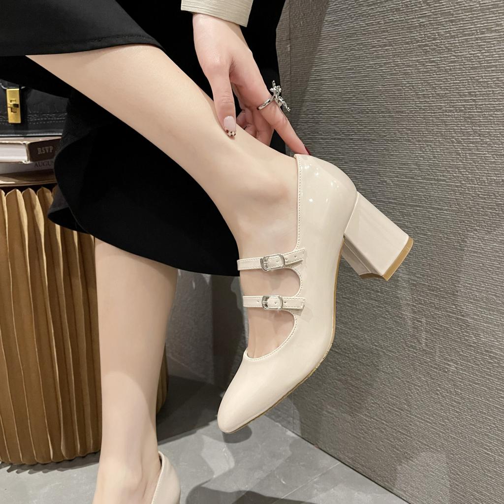 New high heels women's autumn and winter Mary Jane small square head nude retro thick heel  shoes French small leather shoes