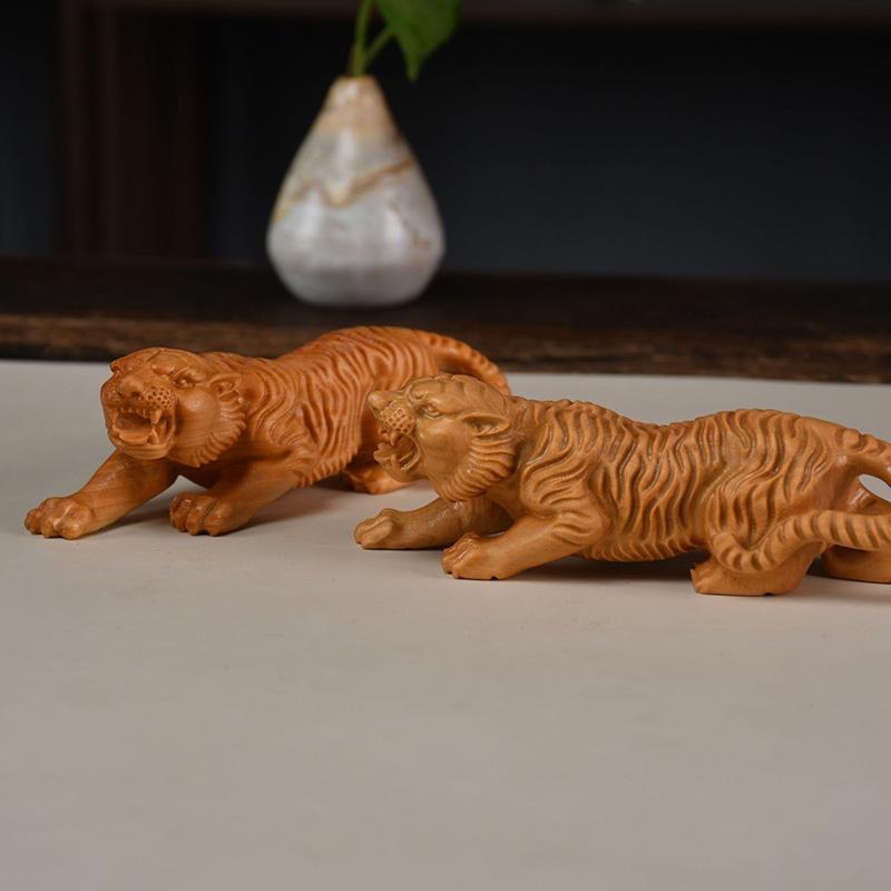 Wood Carving Tiger Baby Sculptures and Figurines Chinese Characteristic  Home Room Office Table Decoration and Accessories