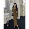 Black dress women's spring and autumn waist design temperament Muse Fan hollow pure split skirt
