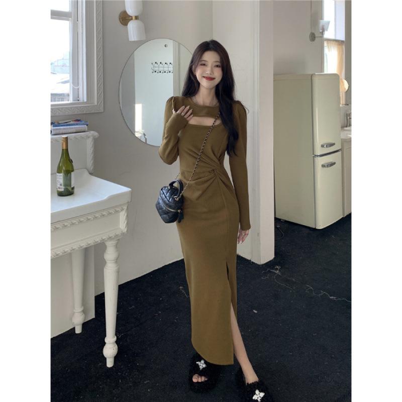 

Black dress women s spring and autumn waist design temperament Muse Fan hollow pure split skirt S