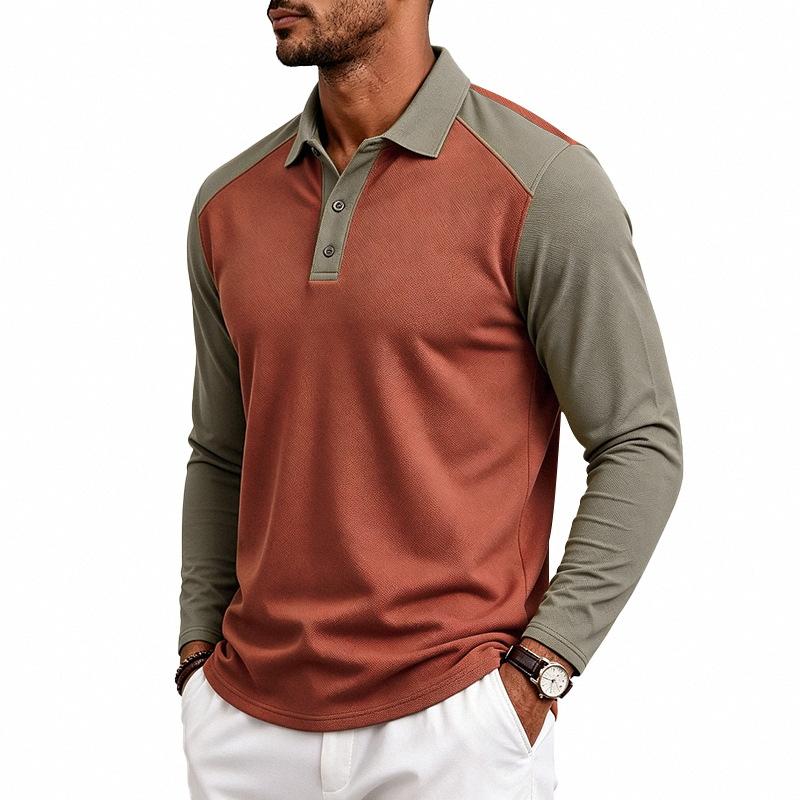 Herren American Style Lockerer Farbblock Casual Umlegekragen Langarm Golf Poloshirt