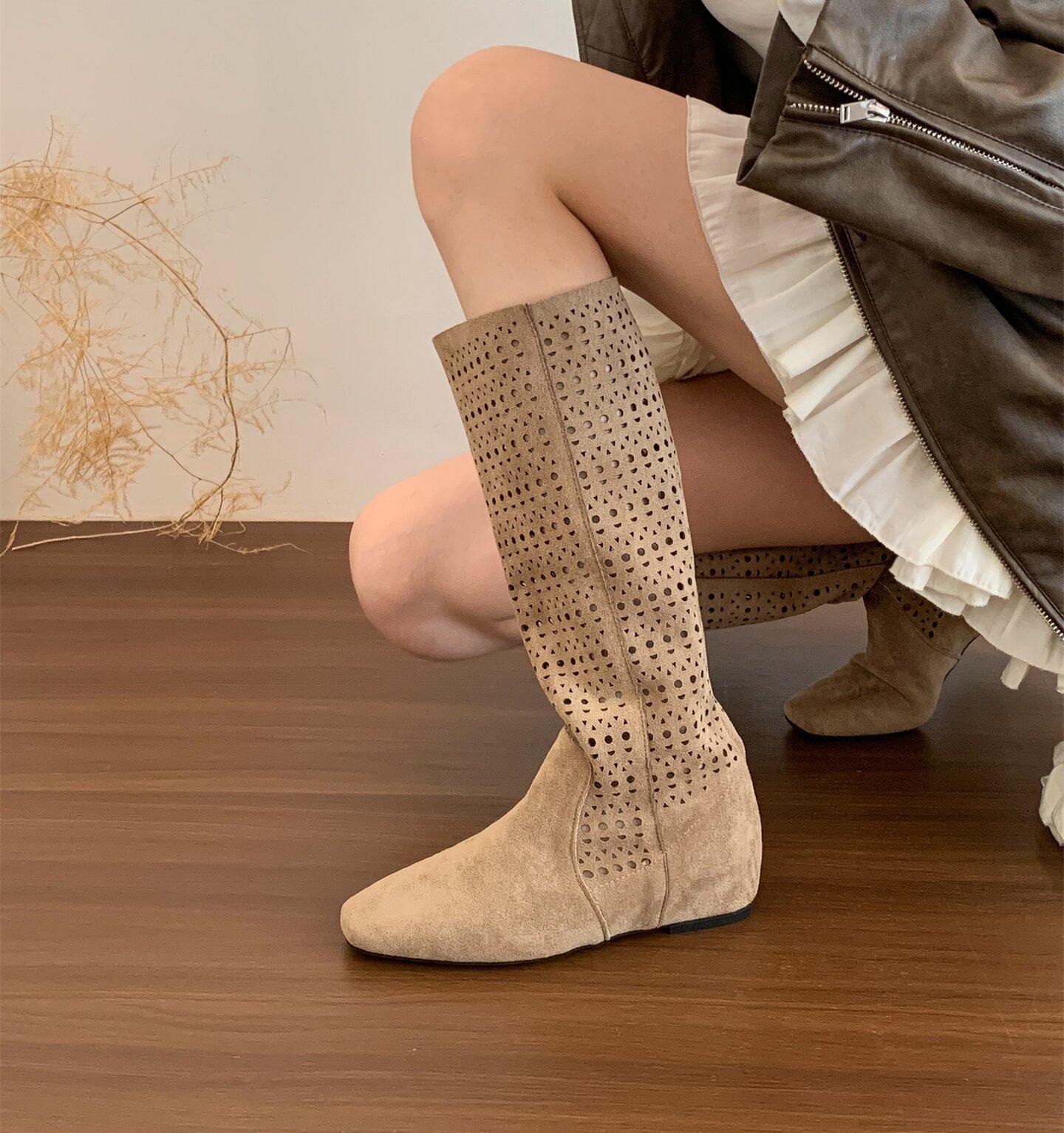 

4 см увеличение внутренней высоты~ ретро Spice Girl Maillard полые ботинки женские осенние дышащие нескользящие ботинки в стиле миллениум 36 хаки