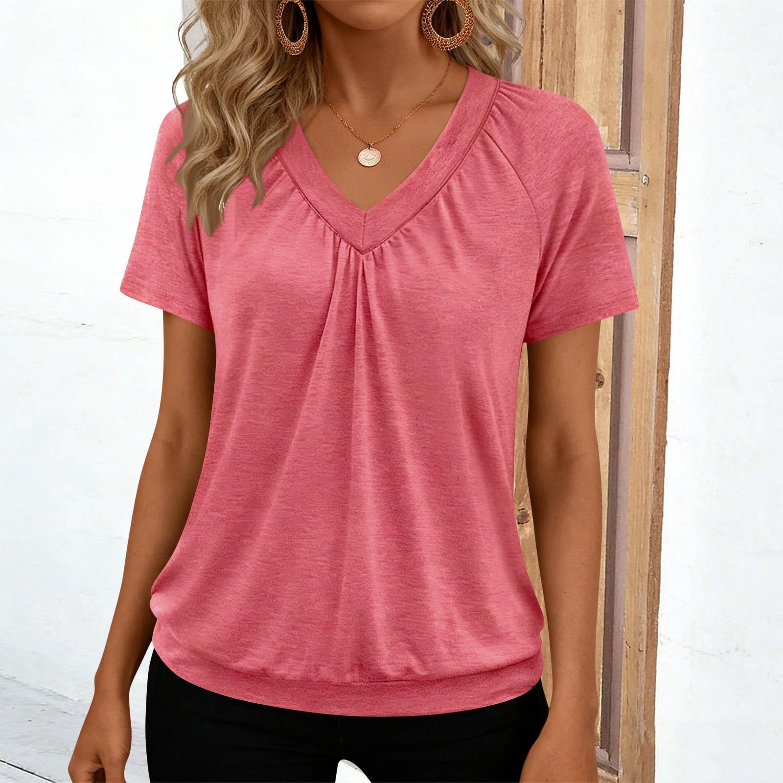 

Women s Casual -Color V-Neck Loose-Fit Short-Sleeve Pullover L кавун червоний колір