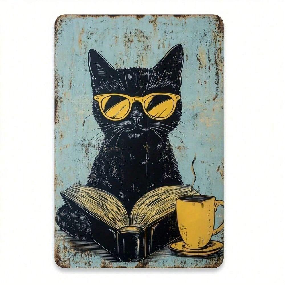 Vintage Metal Poster Cat with Glasses Book Wall Decor
