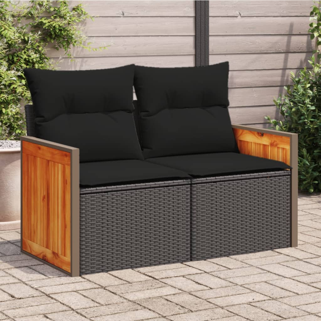 2 Seater Garden Sofa with Cushions Black Poly Rattan