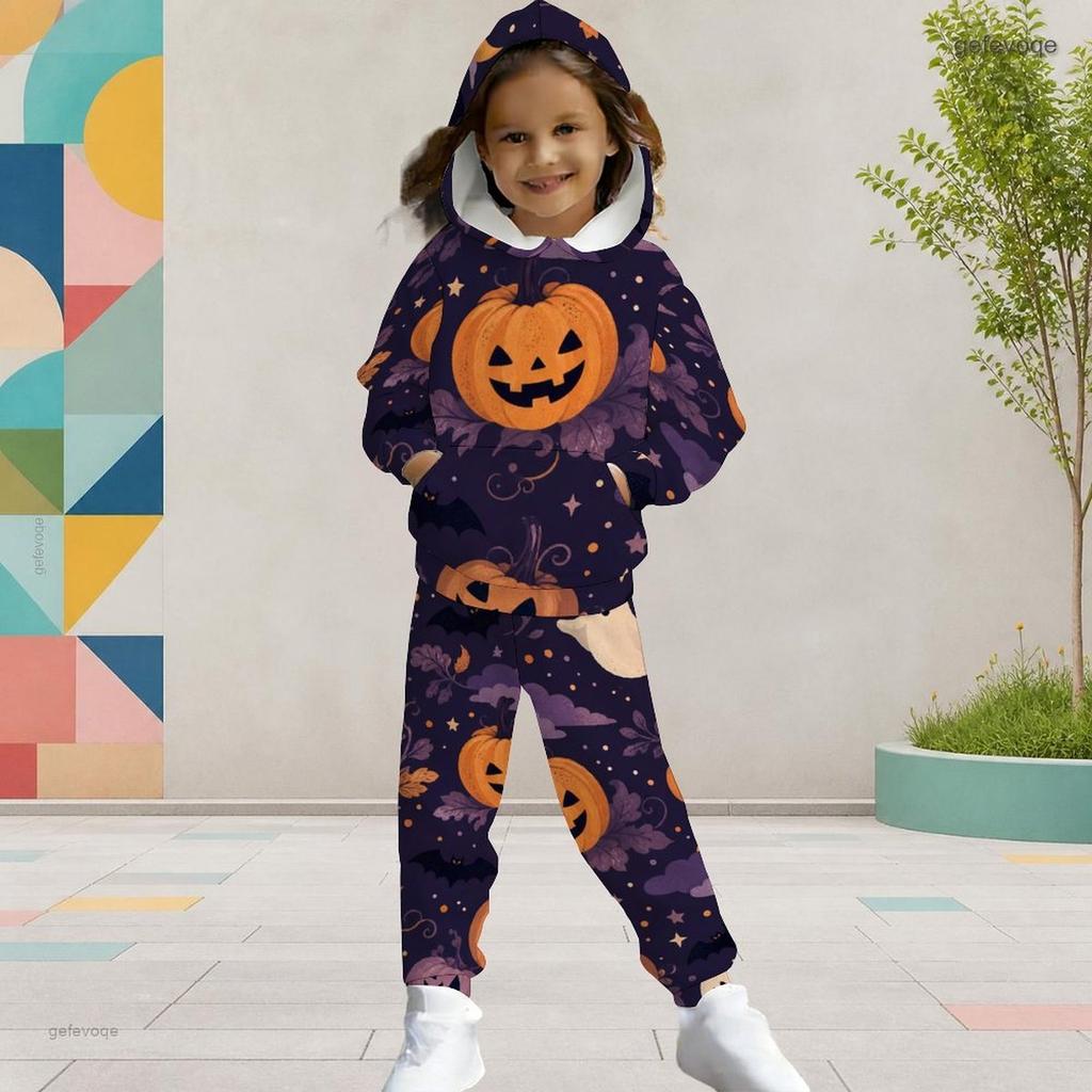 Girls Dark Purple Halloween Printed Hooded Long Sleeve Kangaroo Pocket Top Cuffed Pants Two Piece Set