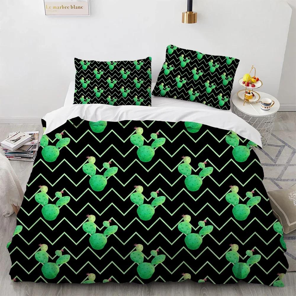 Cactus Beding Soft with Soft Fabric Duvet Cover Sumer Gren Plant Bed Linen Set Nature Soft Duvet Cover Set Bright Dorm Beding Set (Quen