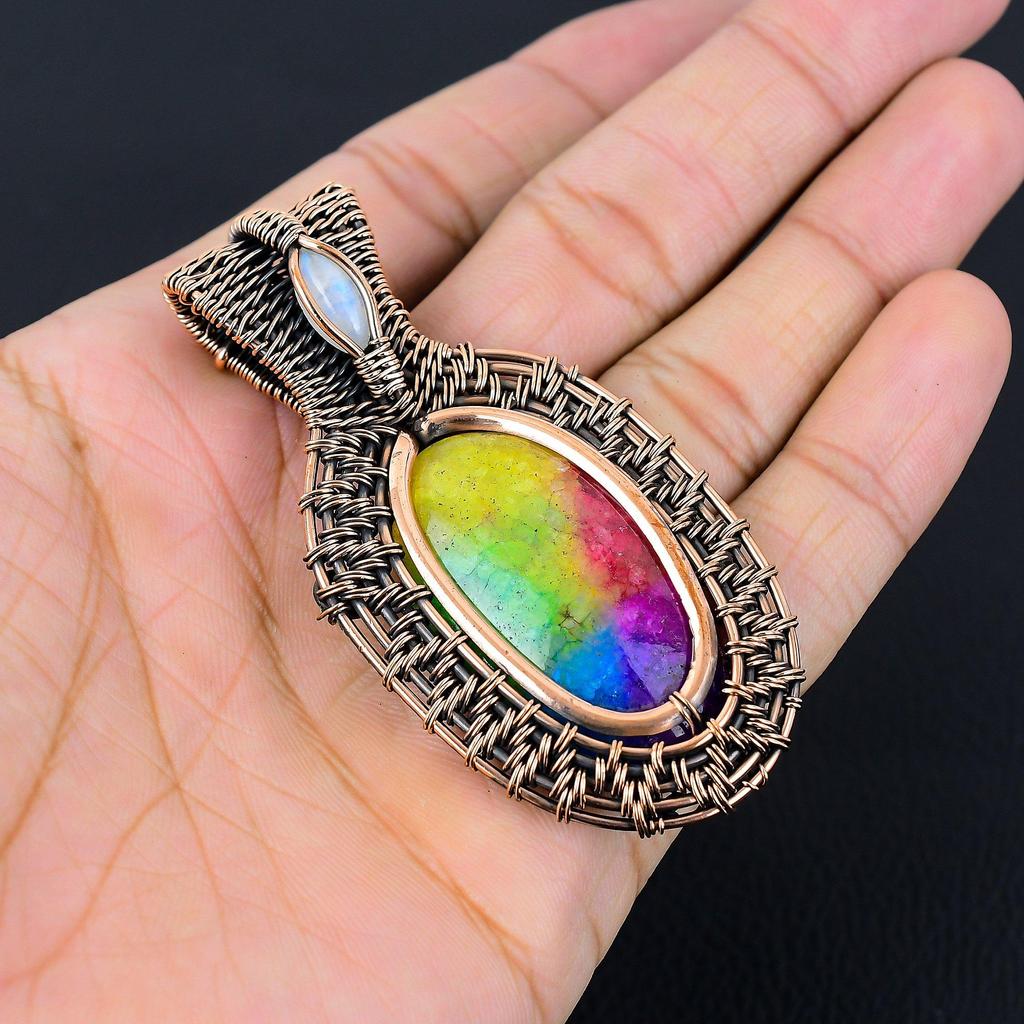 Rainbow Solar Quartz & Moonstone Gemstone Pure Copper Wire Wrap Handmade Lavish Jewelry Pendant
