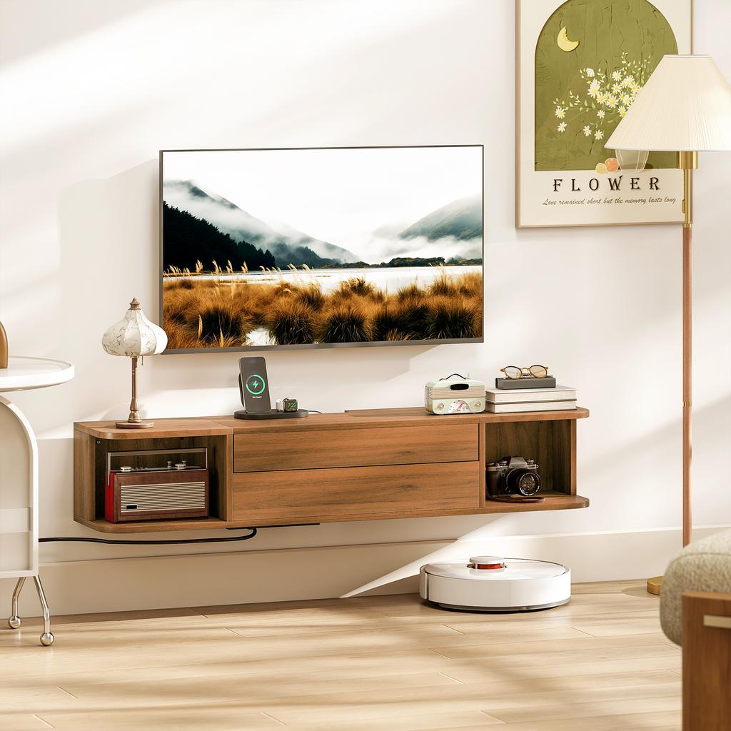 Wall-Mounted TV Cabinet for TVs Up To 50" with Power Outlets, USB and Type C, Drawer and Shelves, 120x24x22.4 Cm, Walnut