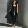 Sleeveless Maxi Dress with V Neck and Contrasting Trim Long Length Relaxed Fit for Casual or Formal Occasions