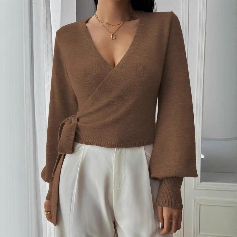 Women's V Neck Cross Front Belted Long Sleeve Knit Sweater Casual Pullover
